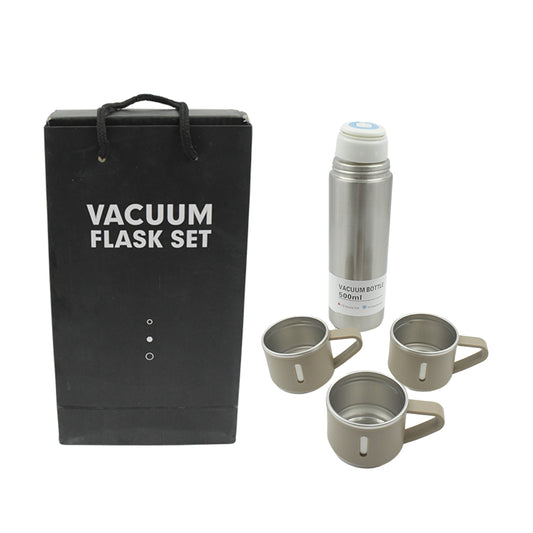 Stainless Steel Vacuum Flask Set With 3 Steel Cups Combo For Coffee, Hot Drink And Cold Water (500ml)