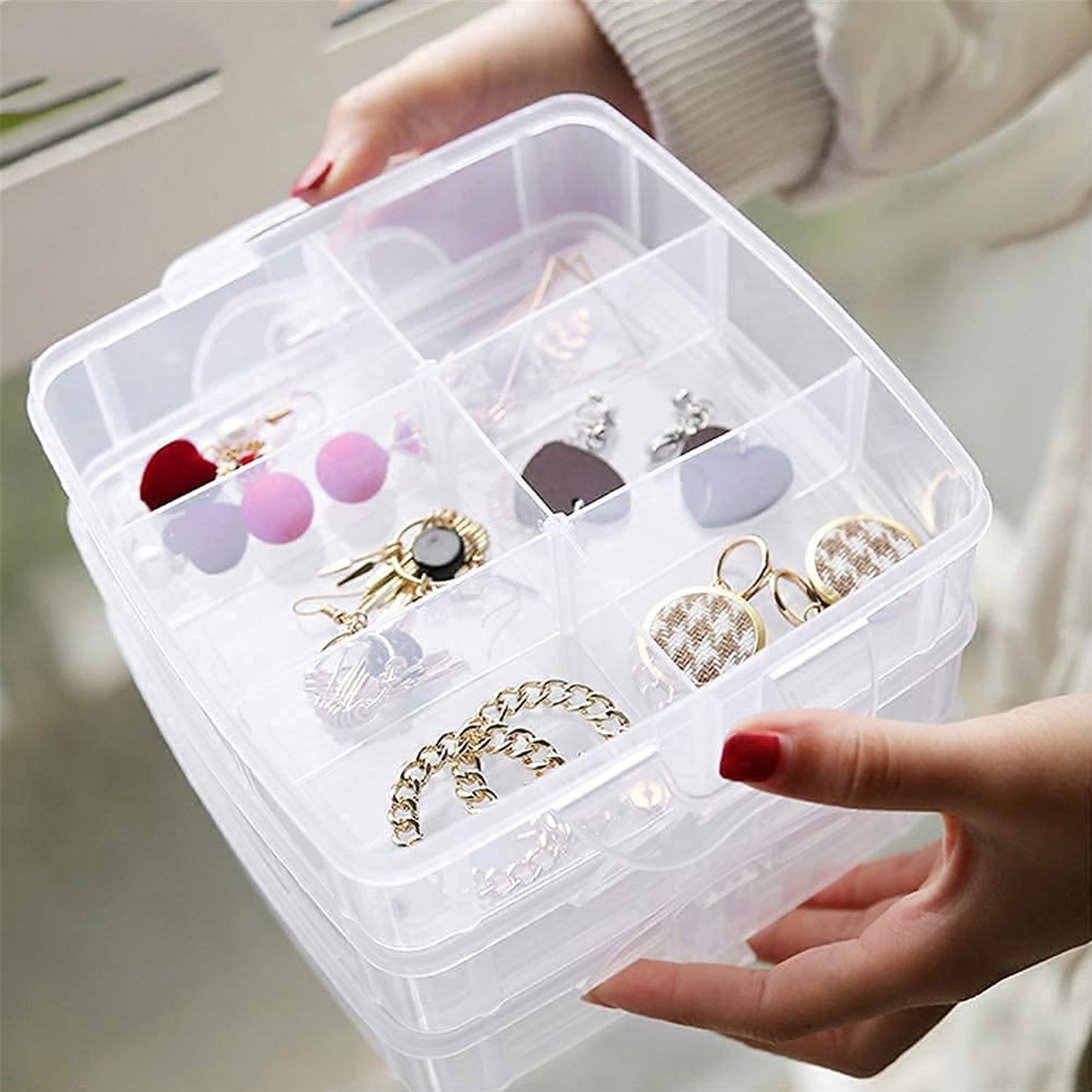 3-tier 18 Sections Transparent Stackable Adjustable Compartment Slot Plastic Craft Storage Box