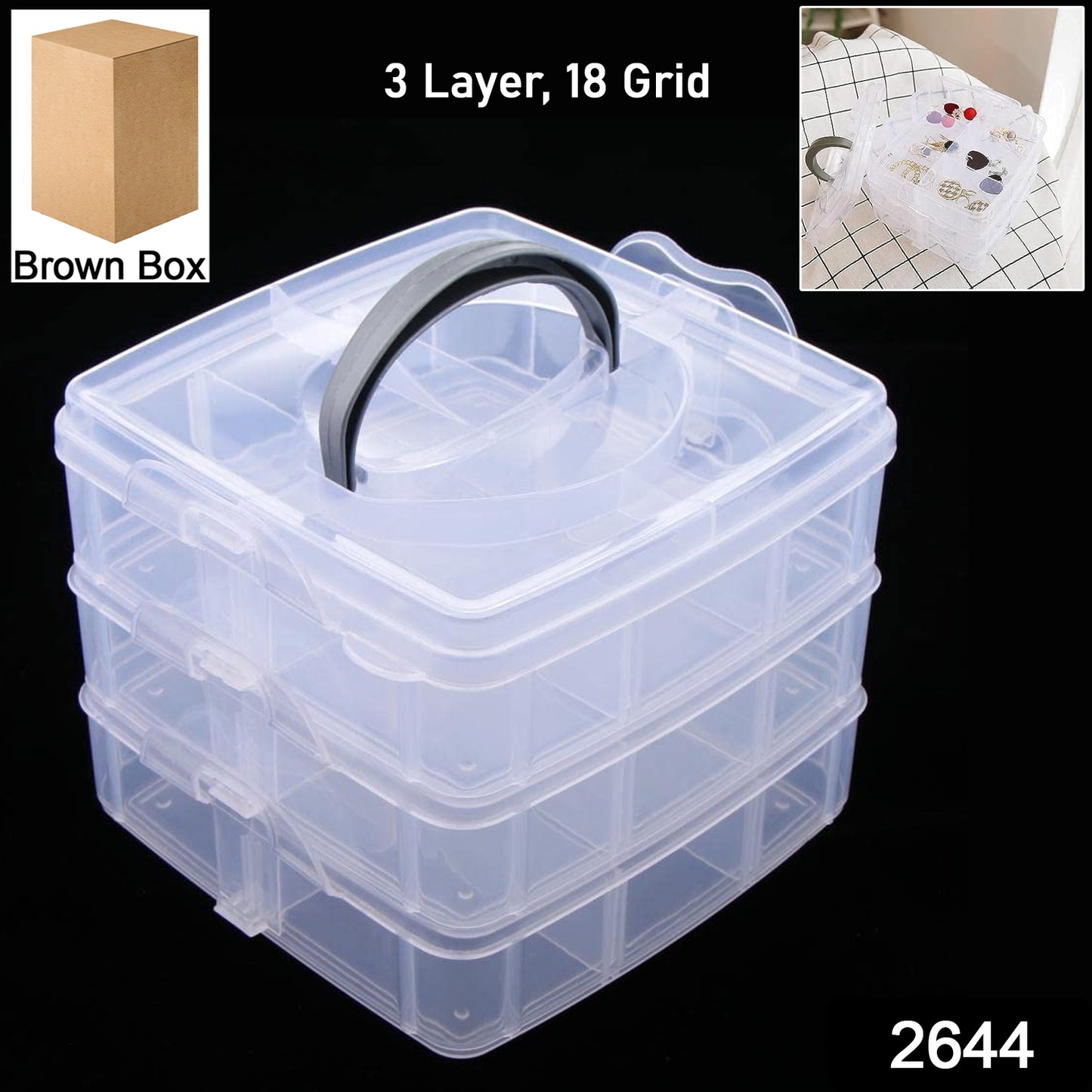 3-tier 18 Sections Transparent Stackable Adjustable Compartment Slot Plastic Craft Storage Box