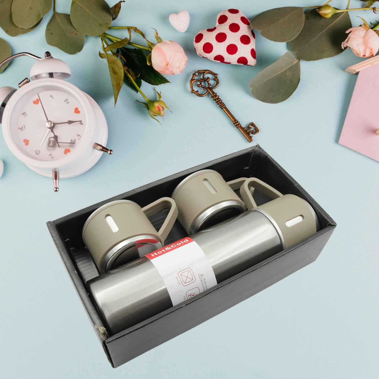 Stainless Steel Vacuum Flask Set With 3 Steel Cups Combo For Coffee, Hot Drink And Cold Water (500ml)
