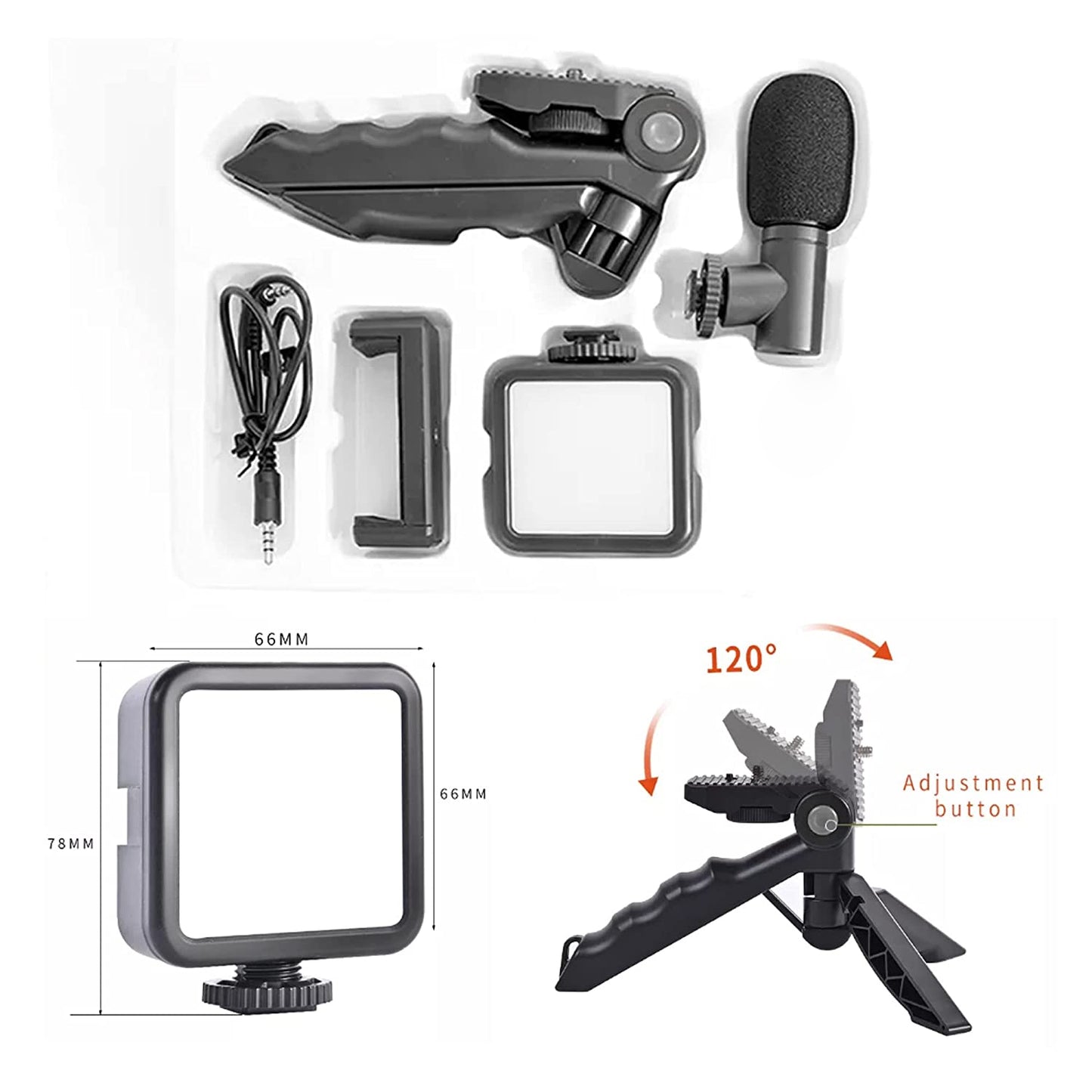 Vlogging Kit For Video Making With Mic, Mini Tripod Stand, Led Light With Phone Holder Clip