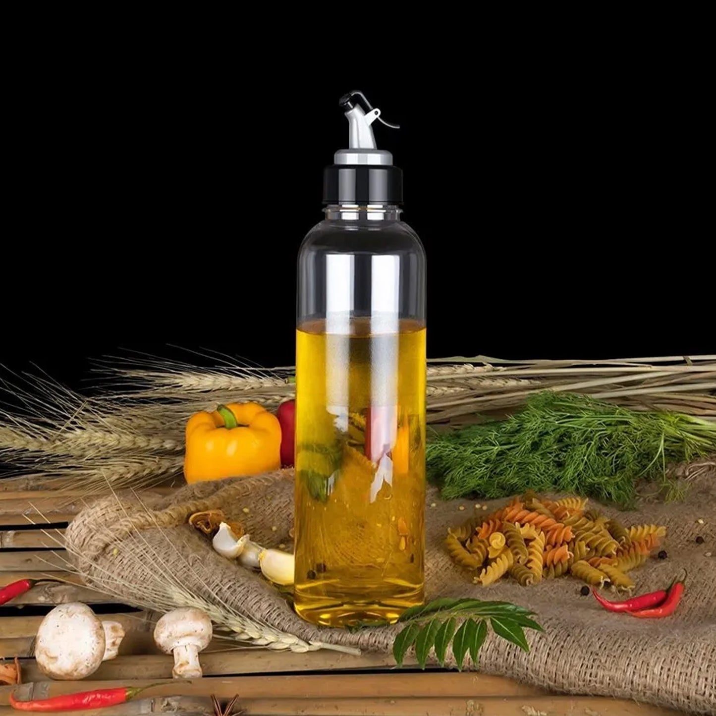 Oil Dispenser with Lid - Clear Drip Free Spout Controlled 1 Ltr