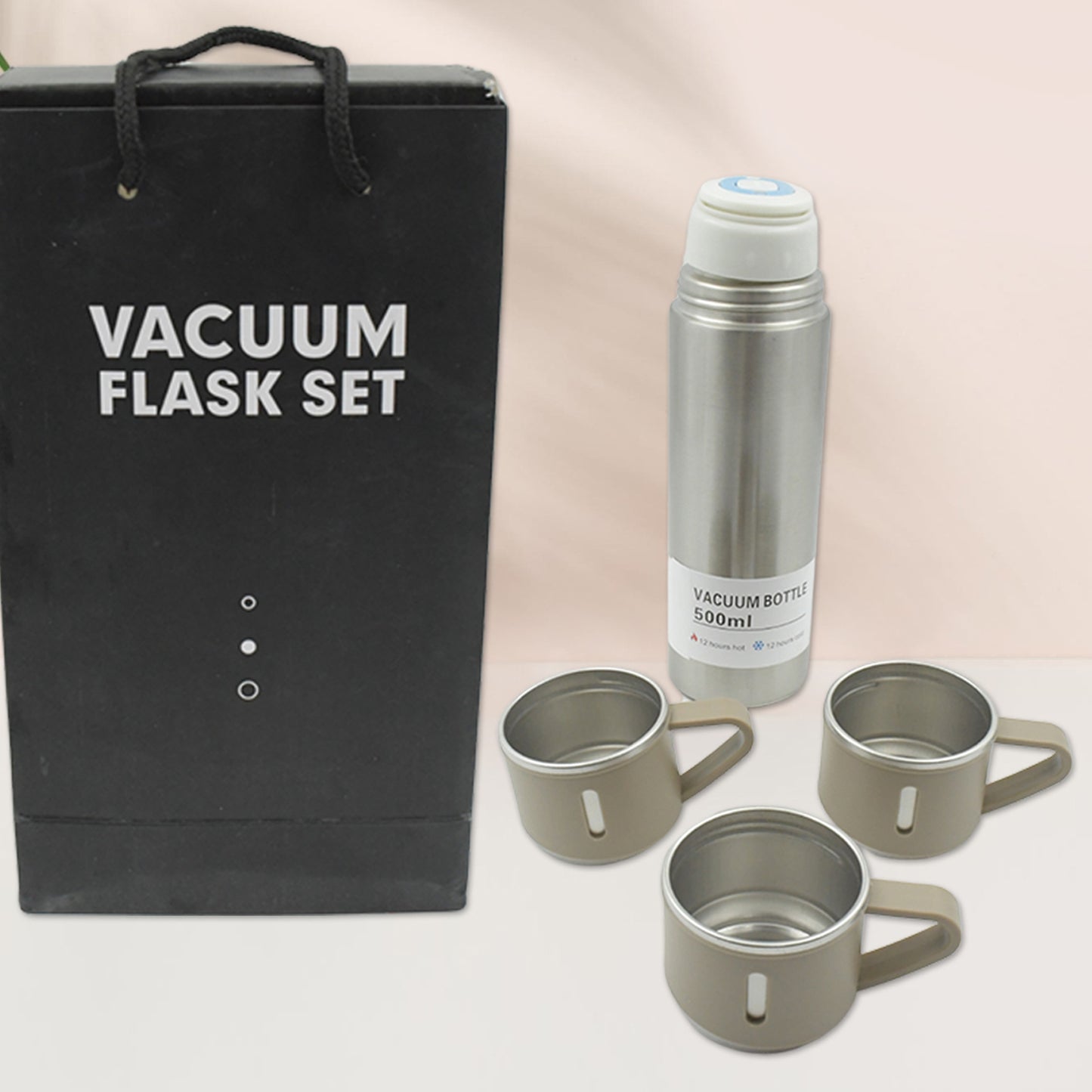 Stainless Steel Vacuum Flask Set With 3 Steel Cups Combo For Coffee, Hot Drink And Cold Water (500ml)