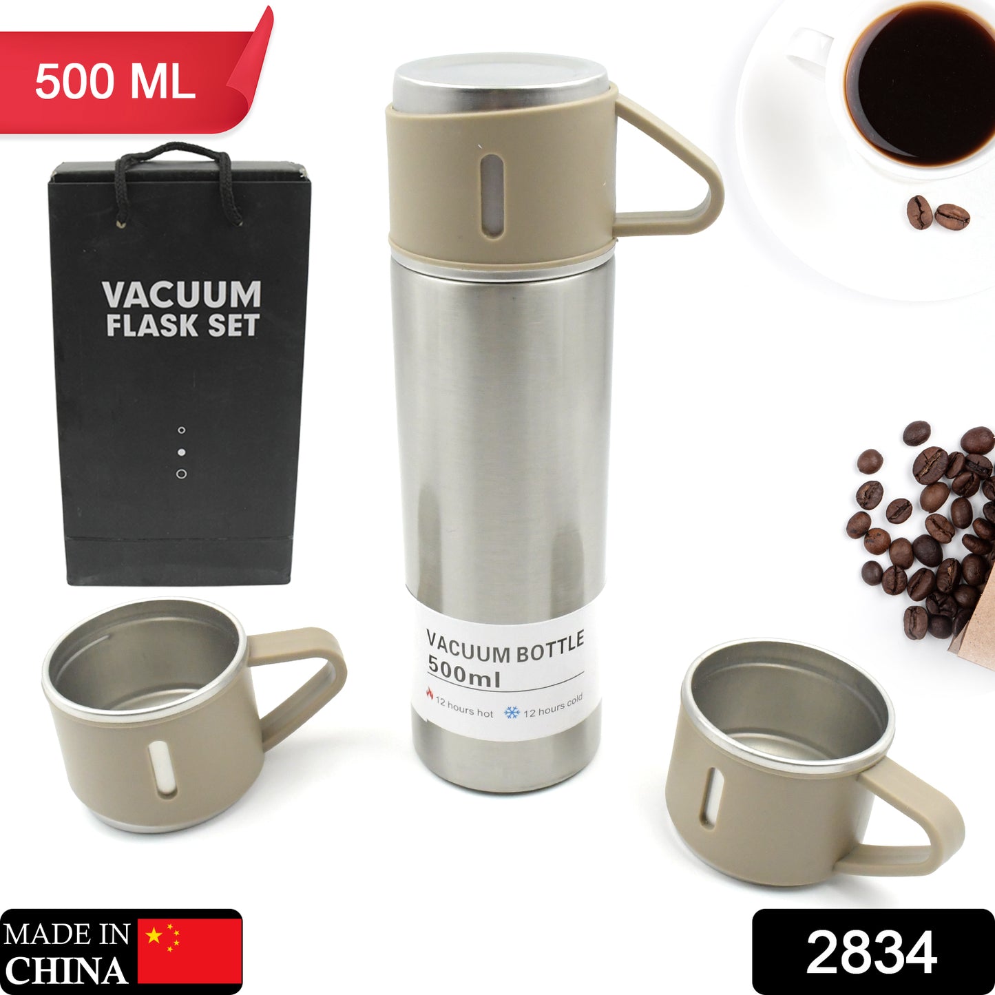 Stainless Steel Vacuum Flask Set With 3 Steel Cups Combo For Coffee, Hot Drink And Cold Water (500ml)