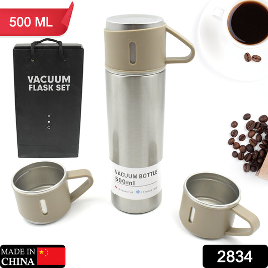 Stainless Steel Vacuum Flask Set With 3 Steel Cups Combo For Coffee, Hot Drink And Cold Water (500ml)