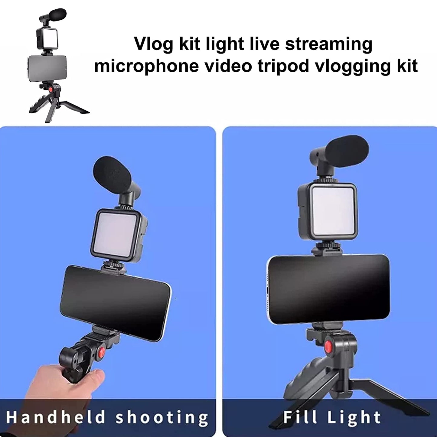 Vlogging Kit For Video Making With Mic, Mini Tripod Stand, Led Light With Phone Holder Clip