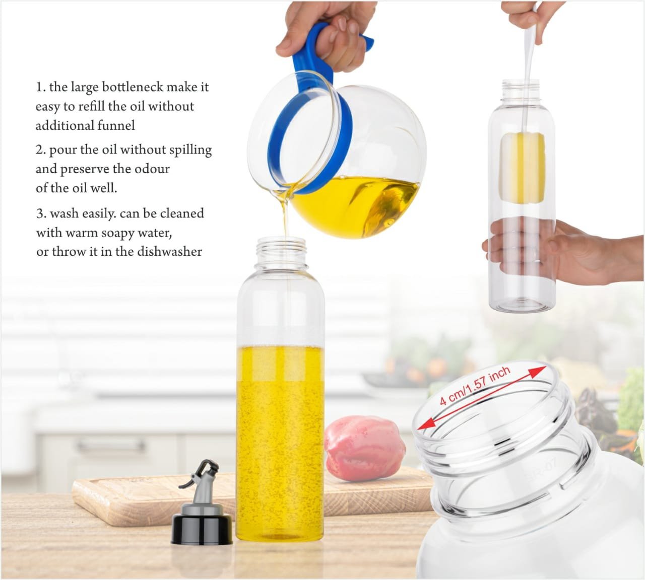 Oil Dispenser with Lid - Clear Drip Free Spout Controlled 1 Ltr